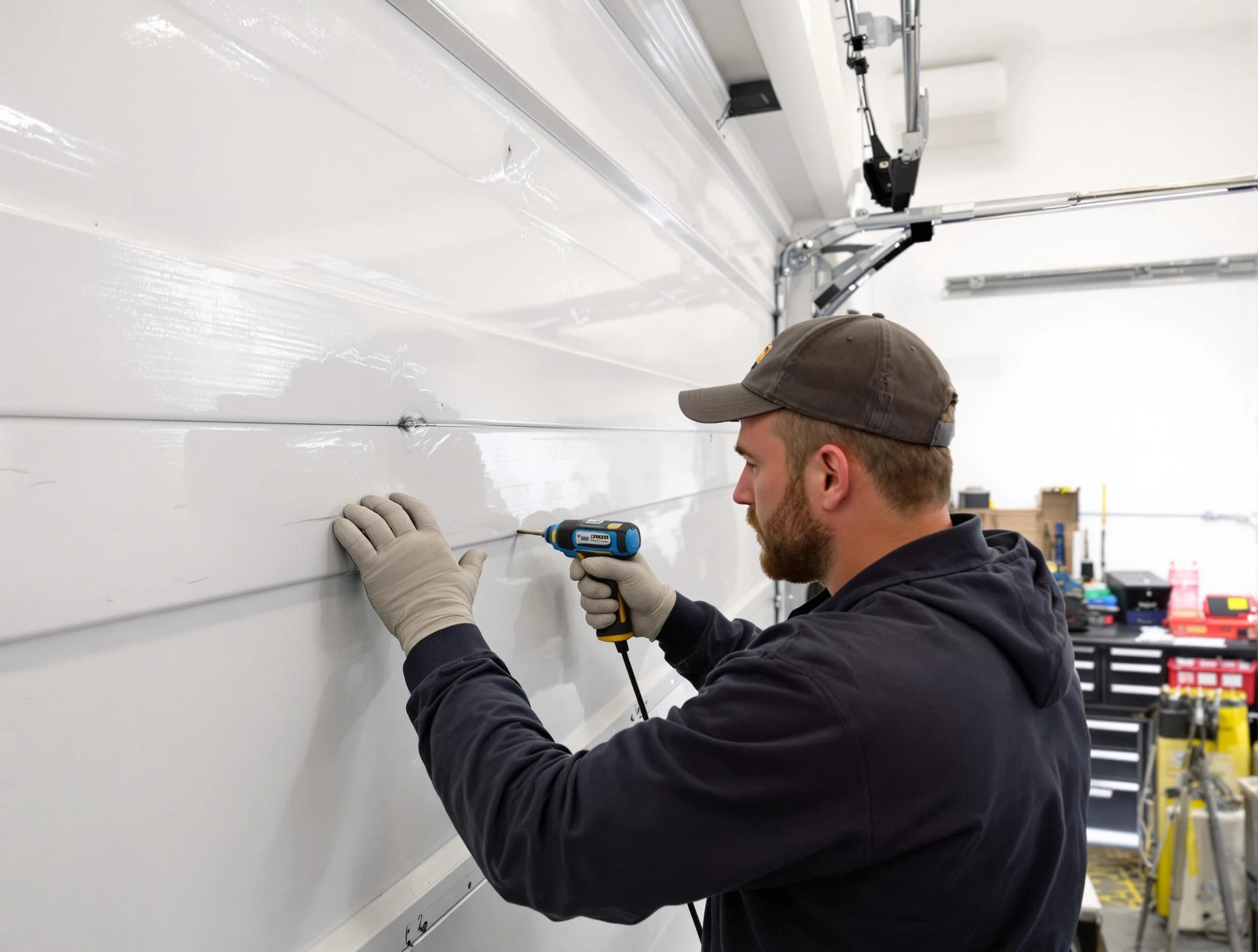 Watertown Town Garage Door Repair technician demonstrating precision dent removal techniques on a Watertown Town garage door